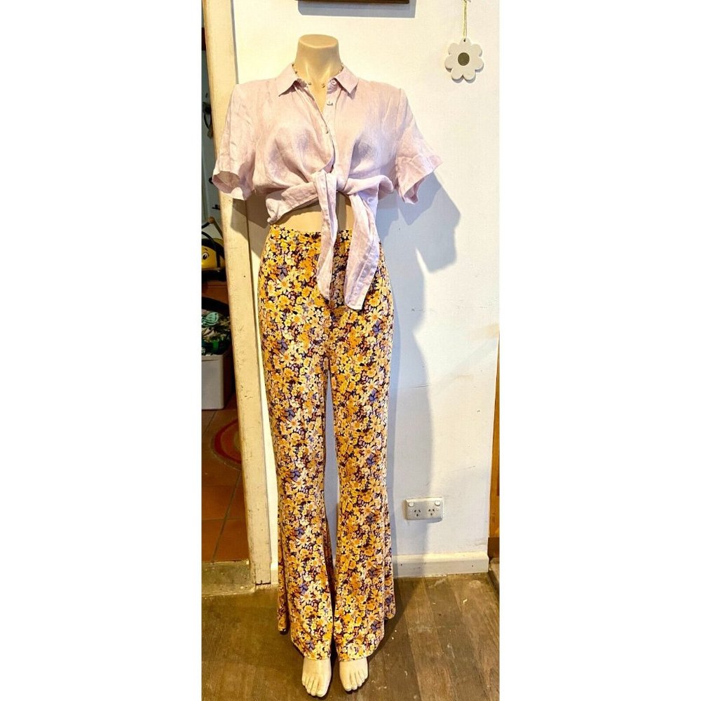 🌱 SPORTSGIRL floral retro 60's yellow flared pants hippy size XL stretch (14) - Picture 6 of 13